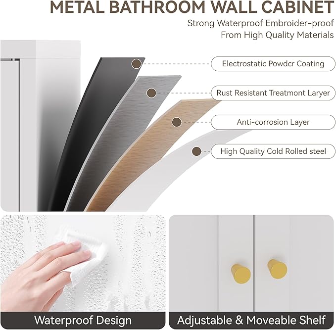 Metal Bathroom Storage Cabinet, Bathroom Floor Storage Cabinet with 2 Adjustable Shelves and 2 Doors,Freestanding Metal Sideboard for Small Spaces, Living Room, Dining Room,Orange