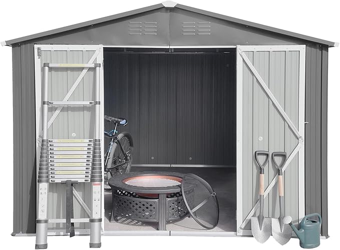 12 x 10 FT Metal Garden Shed, Outdoor Storage Shed with Heavy-Duty Steel Construction, Built-in Punched Vents & Hinged Door, Free Padlock for Secure Backyard, Patio & Garage Storage, Grey
