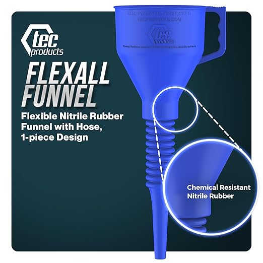 FlexAll Long Flexible Funnel for Automotive Use - Durable Nitrile Rubber - Ideal for Car Oil Change, Transmission Funnel Fluid, Diesel, Fuel, Gas - Made in USA - Blue (12 x 4 Inches)