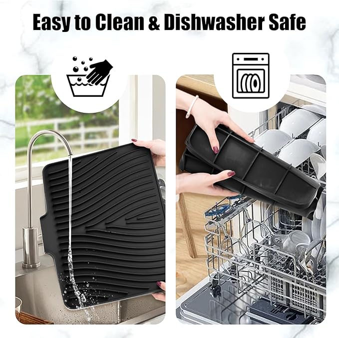 Dish Drying Mat, Stone Drying Mat for Kitchen Counter with Built-in Drain, Non-Slip Drying Matt Kitchen Counter, Heat Resistant Silicone Drying Mat, 2 Pcs(15.8"X 13", Black)