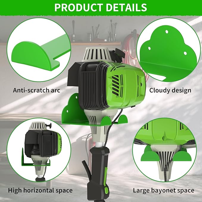 Trimmer Rack Wall Mount, Heavy Duty Weed Eater Hanger for Grass Trimmer, Hedge Trimmer, Leaf Blower, Chainsaw, Garage Organizer Tool Holder with 6.2" Hook for Garage Storage Shed Organization, Green