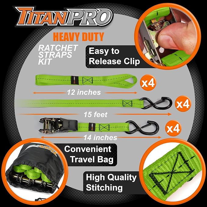 TitanPro Heavy Duty Ratchet Straps 4-Pack - 2,200lb Break Strength, 1" x 15' Rachet Tie Downs with Padded Handles - Heavy Duty, Truck, Motorcycle, Moving Straps (Green)