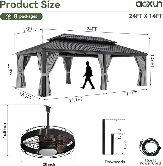 Aoxun 14' X 24' Hardtop Gazebo with Drainage System, Aluminum Outdoor Gazebo with Galvanized Steel Double Roof, Patio Permanent Metal Pavilion with 20 inch Ceiling Fan, for Garden, Deck, Grey