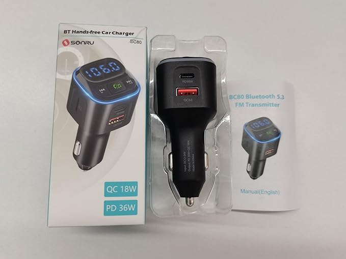 Bluetooth 5.3 FM Transmitter Car Adapter [PD36W & QC18W] [Fast Charging] Wireless Radio Adapter HiFi Bass Sound Hands-Free Calling LED Display with Light Switch Support Bluetooth/U Disk/TF Card
