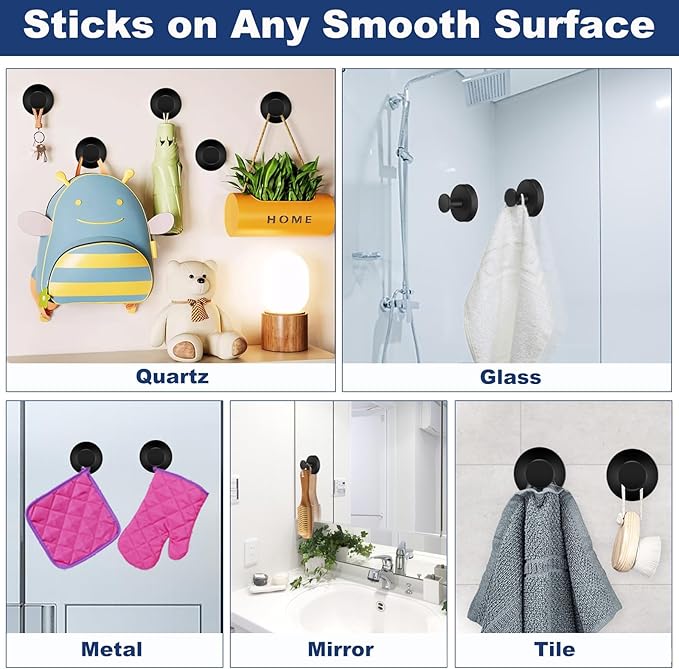 4 PCS Suction Cup Hooks for Shower, Hooks for Inside Shower, Removable Towel Hooks for Bathroom Wall, Kitchen, Glass, Tile, Mirror, Bath Robe Looafh Hook for Hanging (Black)