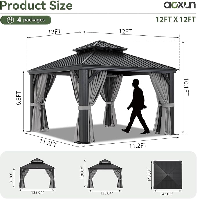 Aoxun 12' X 12' Hardtop Gazebo with Drainage System, Aluminum Outdoor Gazebo with Galvanized Steel Double Roof, Patio Permanent Metal Pavilion with Netting, for Garden, Deck, Grey