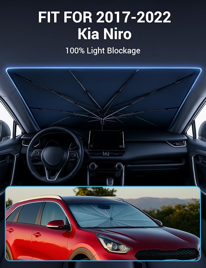 Proadsy Windshield Sun Shade Umbrella for Kia NIRO 2017-2022 Foldable Car Umbrella Sunshade with Soft TPU Handle Spring Structure Crystal Cooling Material Protect Car from Rays & Heat