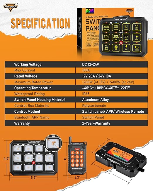 Auxbeam RGB 12 Gang Bluetooth Switch Panel AC-1200 w/165FT Long Range 433MHz Wireless Remote Control, Auto-Dimmable Panel w/Toggle Momentary Pulsed, Unique Patented Design Switch Pod Waterproof