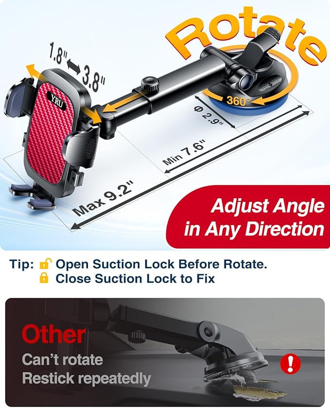 YRU [True Military-Grade & 360 Degrees Rotatable Suction 2025 Ultimate Car Phone Holder Mount 【90+LBS Safest Strongest & Patent Certs】 Dashboard Windshield Vent for iPhone 16 15 Pro Max Samsung, Red