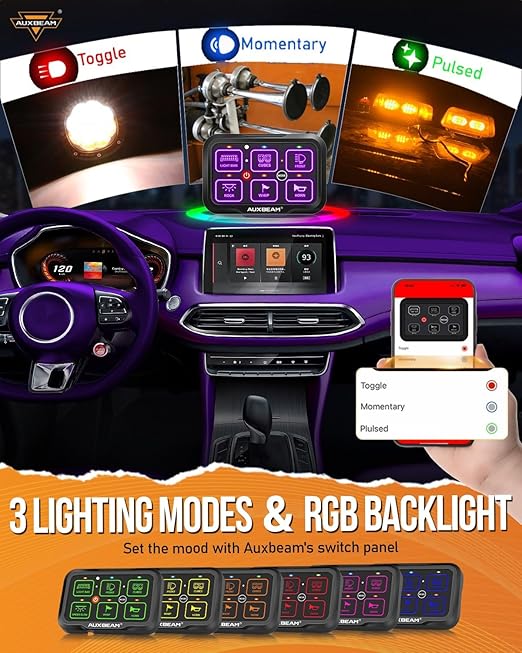 Auxbeam 6 Gang Switch Panel Bluetooth AR-600 RGB Large Button Auxiliary Switch w/Toggle Momentary Pulsed Switch Pod Backlit Off Waterproof 12-24V Panel Pod for UTV Boat Truck RV 2 Years Warranty
