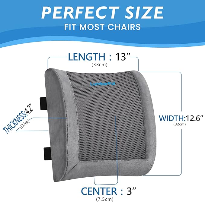 Lumbar Support Pillow for Office Chair Back Support Lumbar Pillow for Car, Gaming, Office Chair - Improve Sitting Posture & Back Pain Relief, Memory Foam, Adjustable Straps, Fluffy Grey