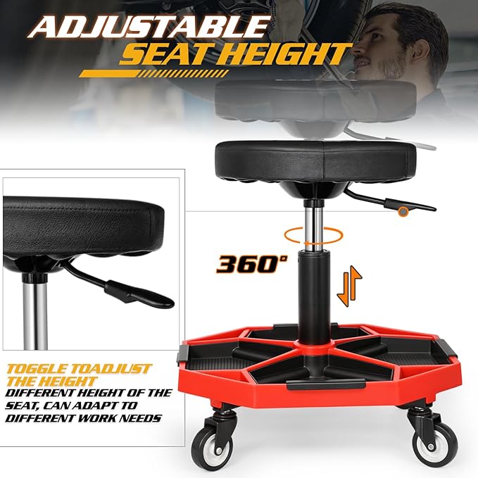 Magshion Adjustable Mechanics Stool with Wheels – 300 lbs Capacity Rolling Shop Stool for Garage & Workshop, Pneumatic Height Adjustable Work Chair with Tool Tray (Red)