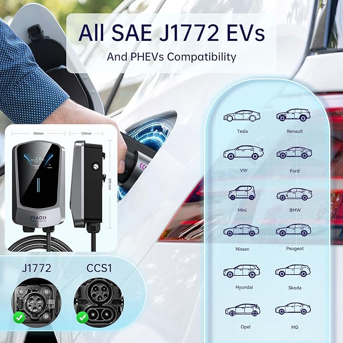 QIAO Level 2 EV Charger, Up to 40A Electric Car Charger, Wi-Fi Bluetooth APP Enabled EVSE, 4.3in Display, 25ft Cable, NEMA 6-50 Plug Charge Station Compatible with All SAE J1772 EV Models White