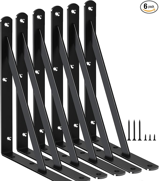 6 Pack L8 x H 6" Black Heavy Duty Shelf Brackets with Screws Metal Shelf Brackets Shelf Support Angle Brackets for Shelves L Brackets Heavy Duty Floating Shelf