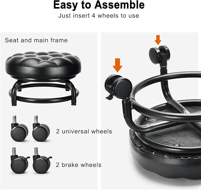 Low Height Rolling Stool Roller Stool PU Leather Comfortable Seat 360°Swivel Rotating, Modern Rolling Chair for Home Office Garage Shop