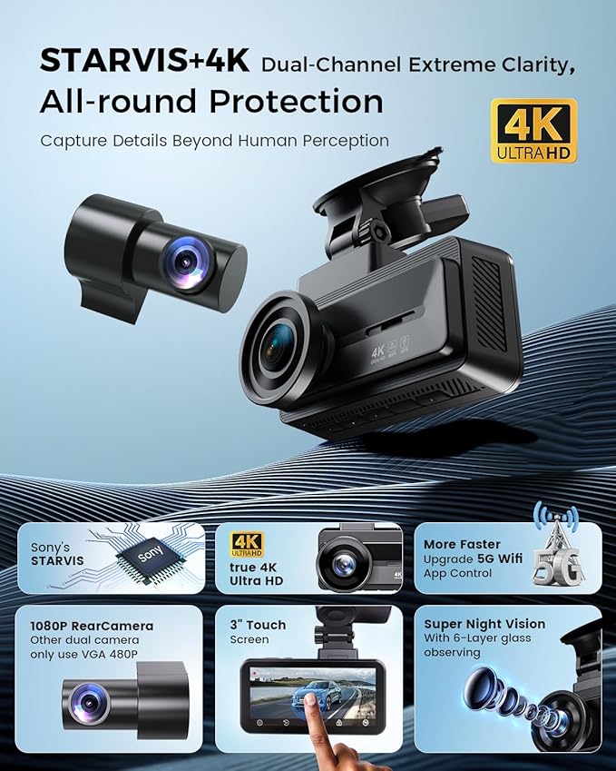 COOLCRAZY 4K Dash Cam Front and Rear with Touch Screen & STARVIS Sensor,5.8Ghz Wi-Fi,GPS,64GB Card,Night Vision Dashcam,G-Sensor,Loop Recording,App Control,24H Parking Monitor Car Camera