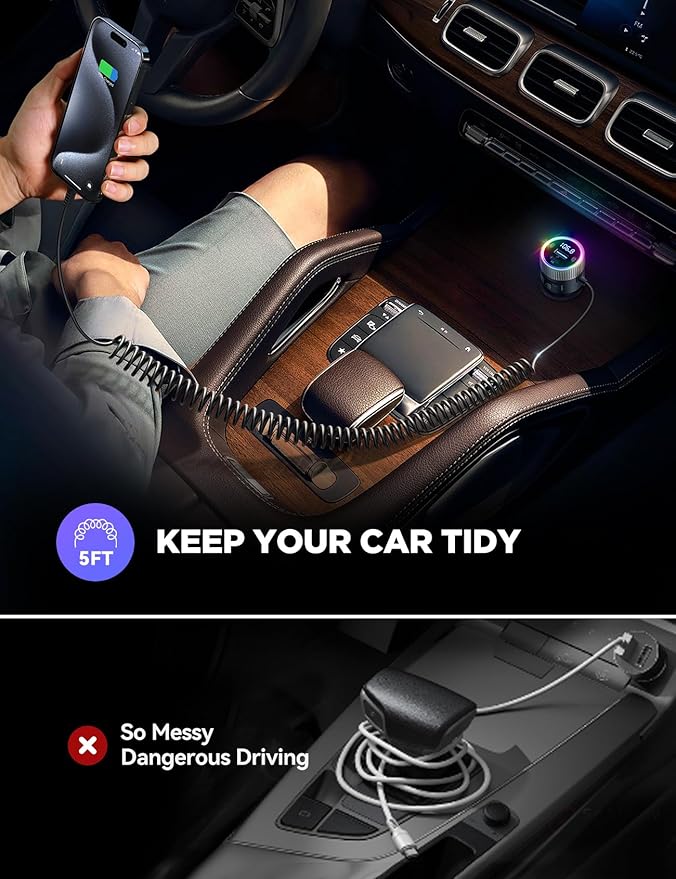 JOYROOM Bluetooth 5.4 FM Transmitter for Car, [60W PD 3.0] Bluetooth Car Adapter Fast Charging with USB C Cable, Cigarette Lighter Radio Music Adapter, Hands-Free Calling, Light Control, USB Drive