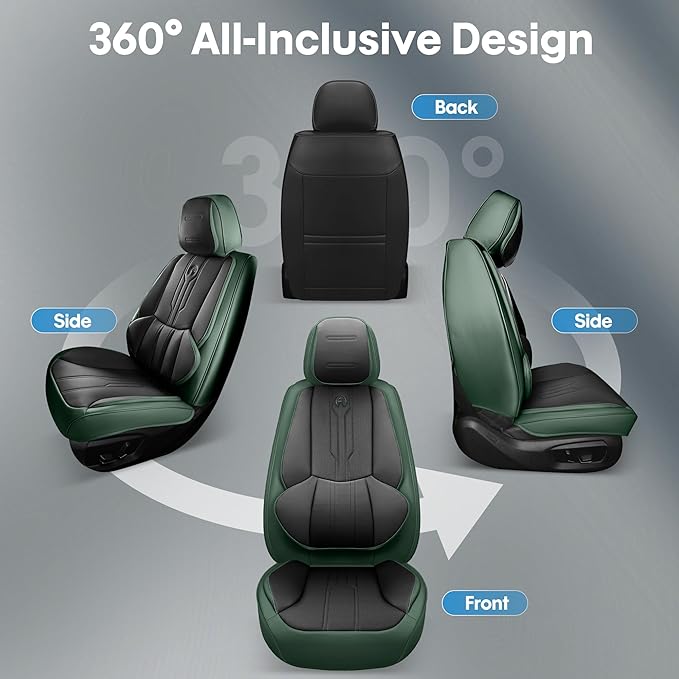 AOOG Car Seat Covers Full Set, Leather Seat Covers for Car, Waterproof Car Seat Protector with Lumbar Support, Automotive Seat Covers Universal Fit for Most Cars SUV Trucks (Full Set, Green&Black)
