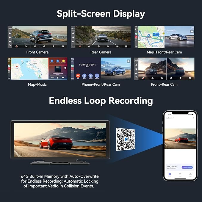 10.26" Carplay Screen for Car,Portable Car Play Screen with 4K Dash Cam,Carplay,Android Auto,1080P Backup Camera,GPS Navigation,Bluetooth,Loop Recording (10.26inch)