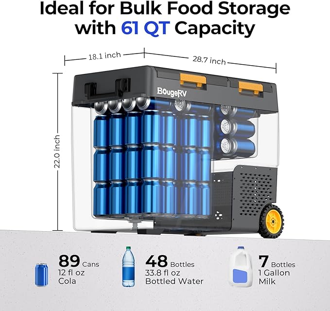BougeRV 12 Volt Car Refrigerator, CRD2 61 Quart Portable Fridge Freezer with APP Control, -4℉ to 68℉ Dual Zone Compressor Electric Cooler 12/24V DC, 110~240V AC for Overlanding, Camping, RV, Truck