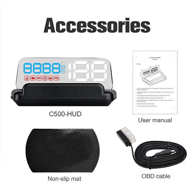 Heads up Display for Cars, C500 Car Digital GPS Speedometer, Stereo Projecting Display with Reflector, Speed, RPM, Water Temperature, Over Speed Alarm Remind, Fatigue Driving Reminder (C500)