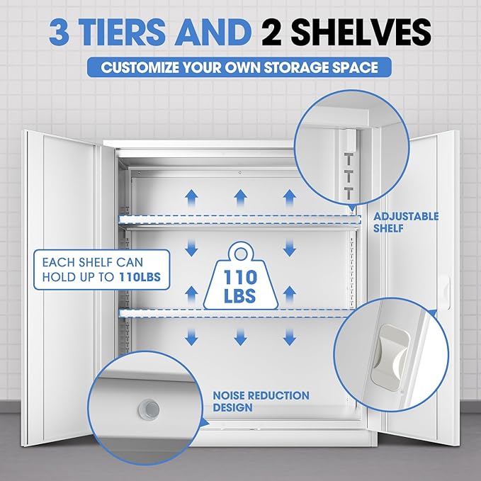 DNA MOTORING 36'' Metal Storage Cabinet, Locking Tool Cabinet with 2 Doors and 2 Adjustable Shelves, Heavy Duty Metal Locker for Garage,Office,Home,Gym, White, TOOLS-00631-WH-WH-A