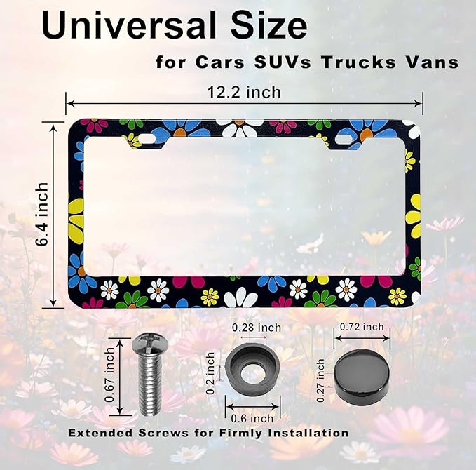 Hippie Flower License Plate Frame-2 Pack Colorful Daisy Blossom License Plate Cover Frame Aluminium Hippie Car Plate Frames Holder Cover Fit US Vehicles