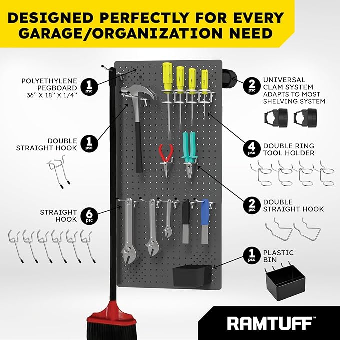 Ramtuff Universal PegBoard Kit for Plastic Shelving- Garage Storage Organizer with 14 Pegboard Accessories - Easy to Install