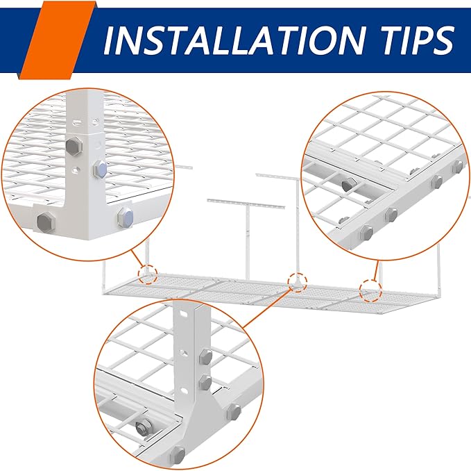 3 x 8FT Overhead Garage Storage Rack,Adjustable Ceiling Storage Racks,Garage Shelving Heavy Duty Storage Organizer System,600lbs Weight Capacity(White)