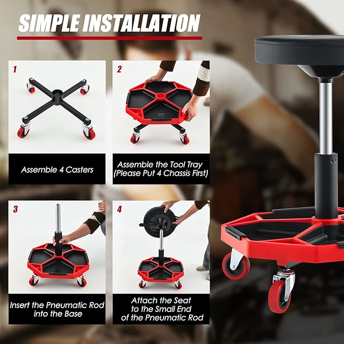 Goplus Garage Stool, 16”-22” Adjustable Rolling Mechanic Stool with Universal Wheels, Removable Magnetic Tool Tray, 2” Thick Padded Cushion, 330LBS Capacity, Roller Creeper Seat, Shop Chair