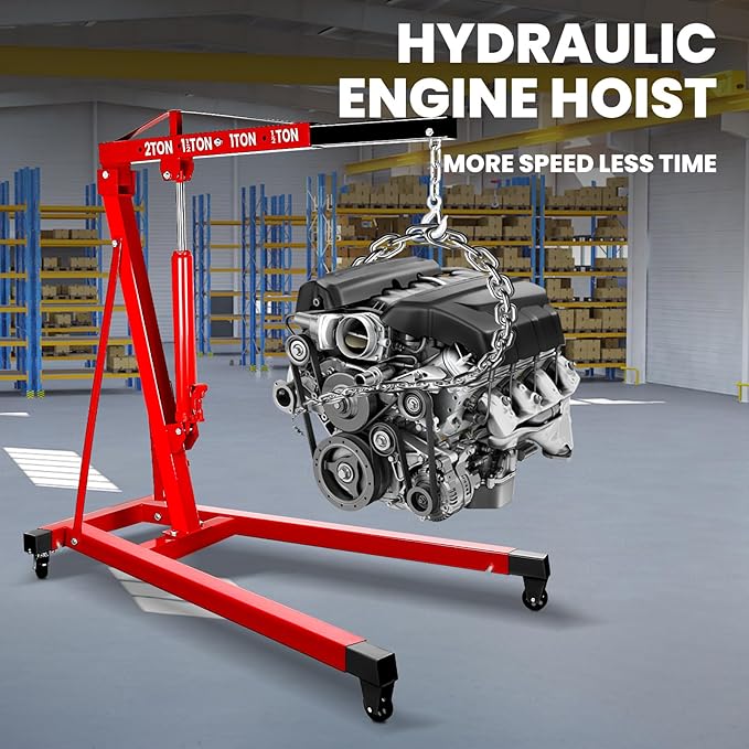 2 Ton Engine Hoist, Carbon Steel Cherry Picker Engine Hoist with 4 Casters, Hydraulic Engine Crane Hoist Cherry Picker Shop Crane for Garage Factory Warehouse, Red
