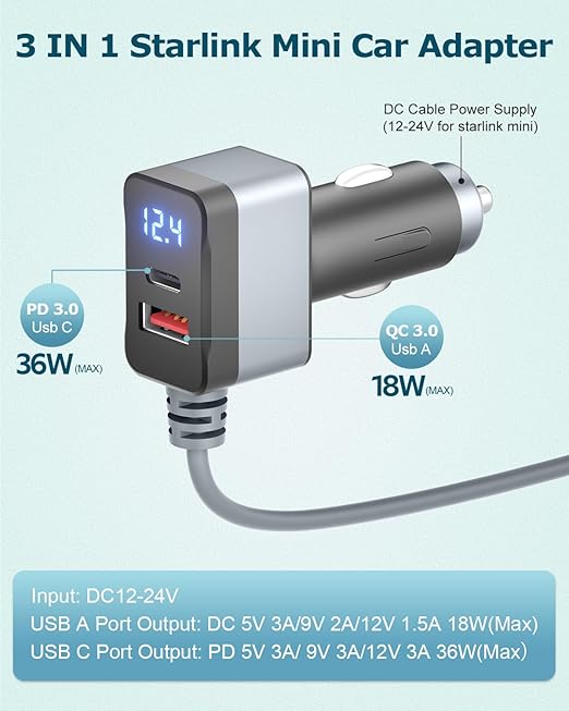 3 in 1 Starlink Mini Cable 12V Adapter 10FT Car Charger for Starlink Mini Power Cable Cigarette Lighter Adapter DC 12V-24V with Digital Display, Durable USB C PD 36W and USB A 18W Port Gray 18AWG 3M