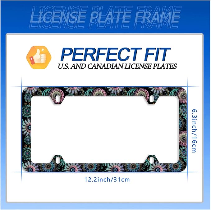 Mandala Flower License Plate Frame License Plate Stainless Steel Parts Funny License Plate Decorative with Screws Size 12.3" x 6.3" for Men Women