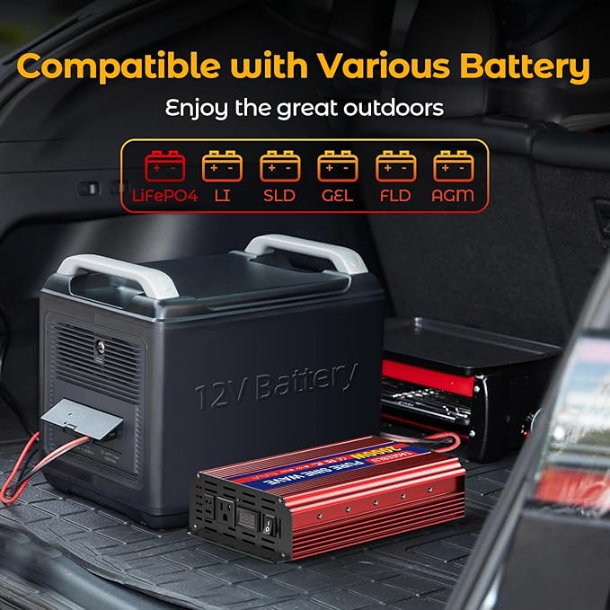 2000W Pure Sine Wave Inverter, 12V DC to 110V/120V AC Power Inverter for RV、Microwave、Off Grid、Truck、Refrigerator、with 2 AC outlets and LCD Display