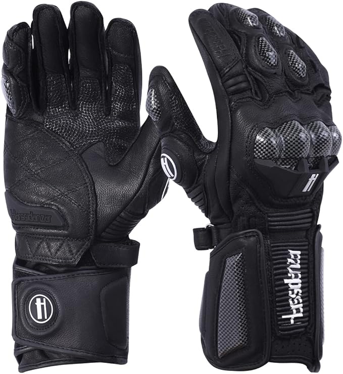 Harssidanzar Leather Motorcycle Gloves for Men and Women,Powersports Carbon Fiber Knuckle Protection Motorbike Gloves KM045