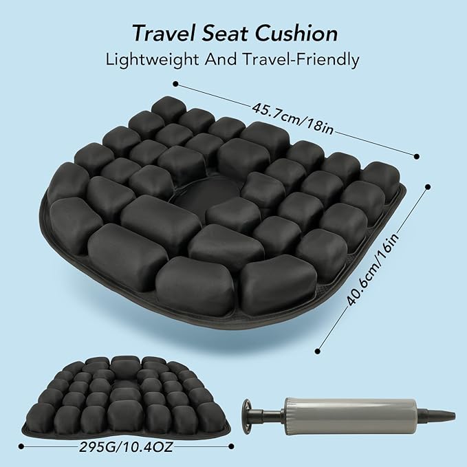 Travel Seat Cushion, 3D Air Inflatable Pressure Relief Cushion for Hemorrhoid and Tailbone Pain Relief, Optimal Support for Long Sitting in Car, Air Travel, Office Chairs, Home Living (Black)