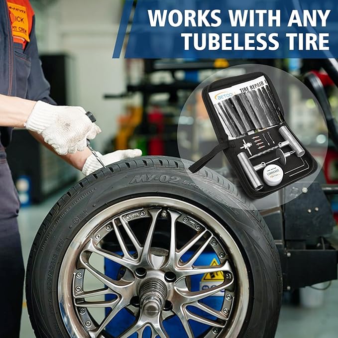 BETOOLL Tire Repair Kit, 44 Pcs Professional Heavy Duty Universal Emergency Flat Tire Repair Kit to Fix Punctures, for car Motorcycle, Truck, Golf Cart, ATV, Tractor, ARB, RV, SUV, Trailer etc.