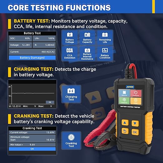 AUTOOL Car Battery Tester 12V 24V Battery Load Tester 30-2000 CCA Automotive Battery Tester, Cranking Charging System Analyzer, Color Screen Data Review Reverse Polarity Protection