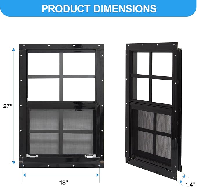 NeatiEase Upgraded Shed Windows 2 Pack, 18" x 27" Windows with Tempered Glass and Stainless Steel Screen for Shed, Chicken Coop, Playhouse, Household, Garage(Black)