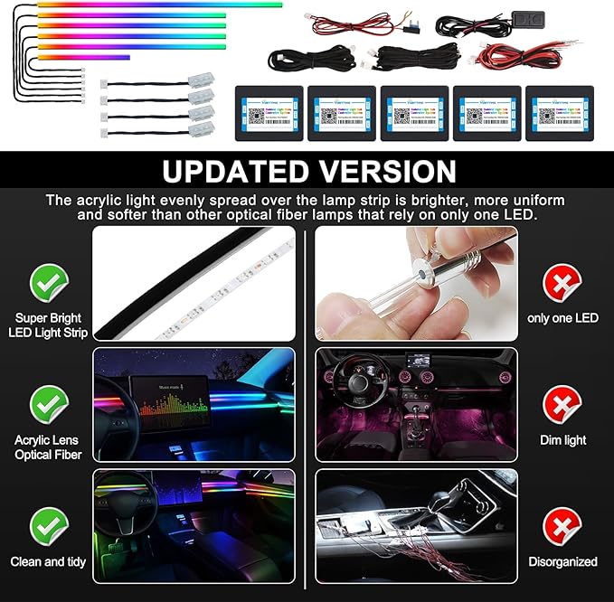 Acrylic Interior Car LED Strip Light with Wireless APP, Dreamcolor RGB 10 in 1 with 175 inches 600 LEDs Fiber Optic Car Ambient Lighting Kits, Dual Zone Sound Active Function LED Strip for Car