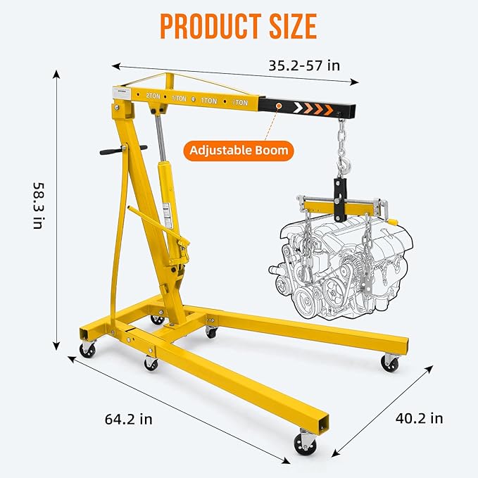 2 Ton Folding Engine Hoist with Lever, Cherry Picker Shop Crane Hoist Lift, 4400 Lbs Heavy Duty Steel Hydraulic Shop Engine Crane for Workshop and Garage, Yellow