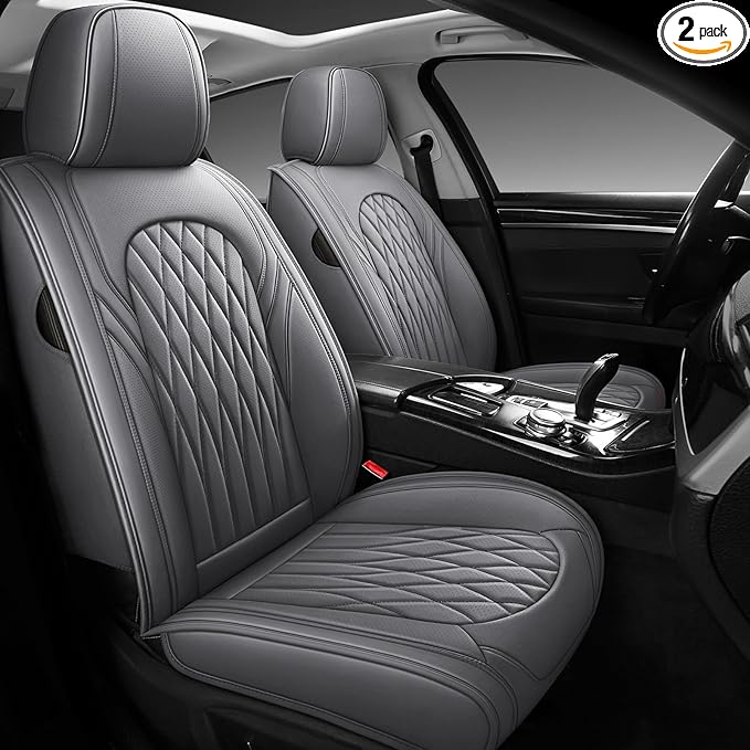 WELLDO Car Seat Covers Front Seats, Leather Seat Covers for Cars, Front Car Seat Protector Waterproof, Non-Slip Car Interior Covers Universal Automotive Seat Covers for Most Vehicle, Gray