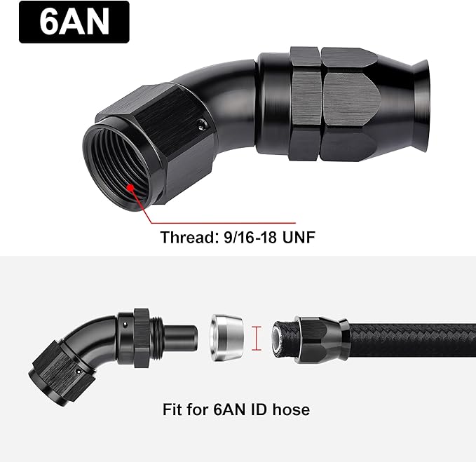 EVIL ENERGY 6AN 45 Degree PTFE One Piece Full Flow End Hose Fitting Aluminum Black
