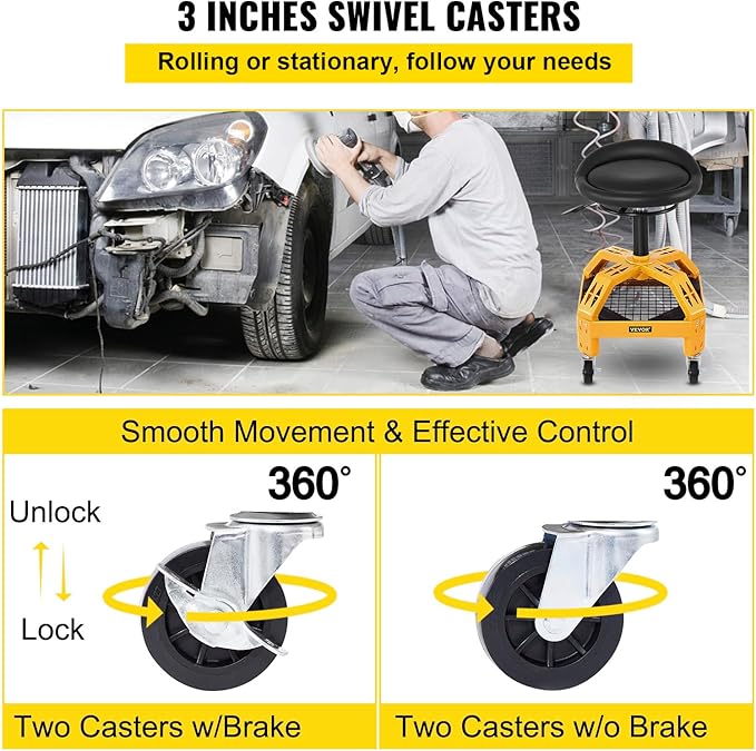 VEVOR Rolling Garage Stool, 300LBS Capacity, Adjustable Height from 24 in to 28.7 in, Mechanic Seat with 360-degree Swivel Wheels and Tool Tray, for Workshop, Auto Repair Shop, Yellow