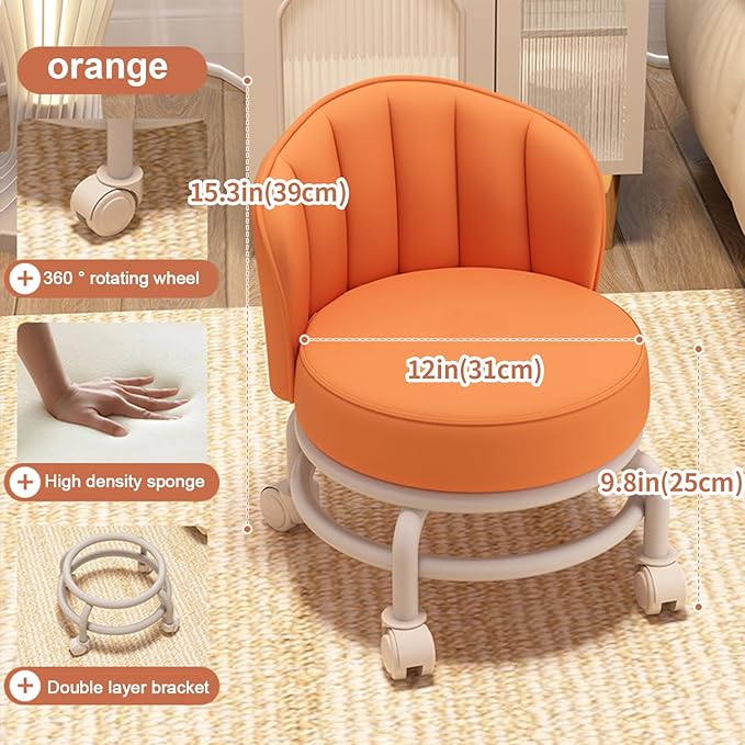 Low Rolling Stool with Backrest,Rolling Pedicure Seat,Low Stool with Wheels for Home, Office, Garage, Shop, Library (Orange)