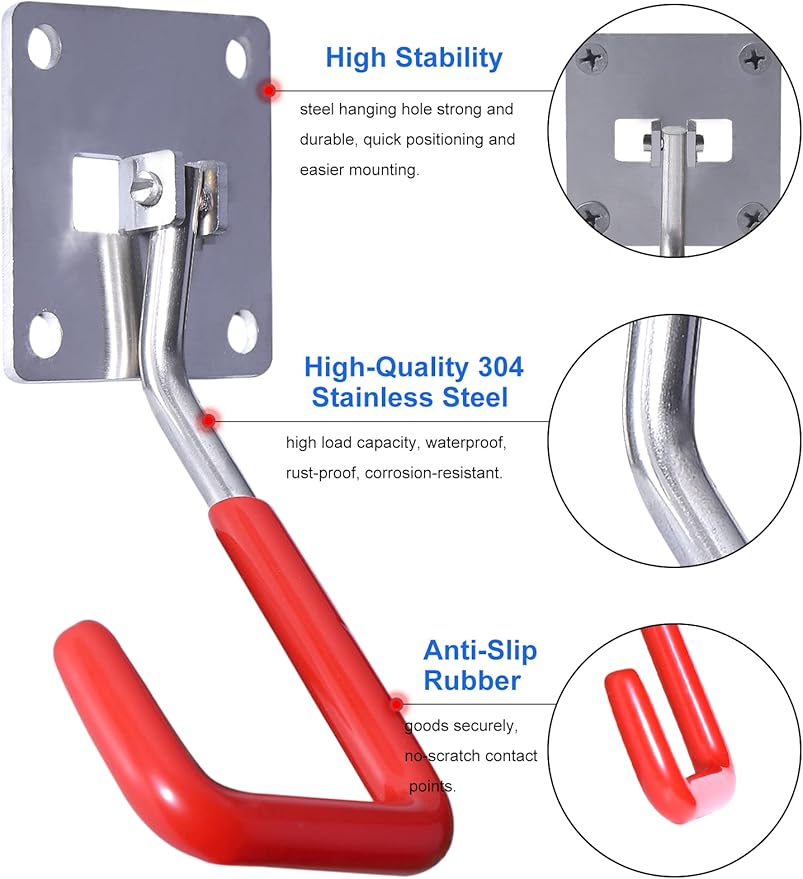 HAISHINE Garage Hooks, 8 Pack Adjustable Hooks for Wall Storage, Stainless Steel Heavy-Duty Utility Hooks with Anti-Slip Coating Organizing for Chainsaws, Bike, Garden Tools(Screws and Dowels Include)