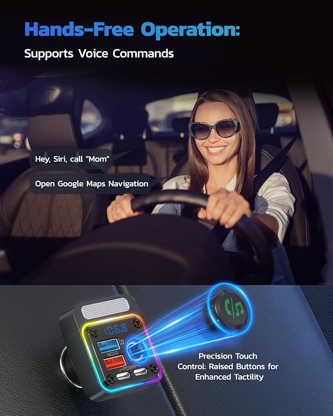 Nulaxy 54W Bluetooth 5.3 Car Adapter Charger 4-Port Fast Charging [PD36W & QC3.0 18W], Wireless Radio FM Transmitter with Deep Bass Player, 5 Colors LED Backlit, Hands-Free Calling, Support USB Drive