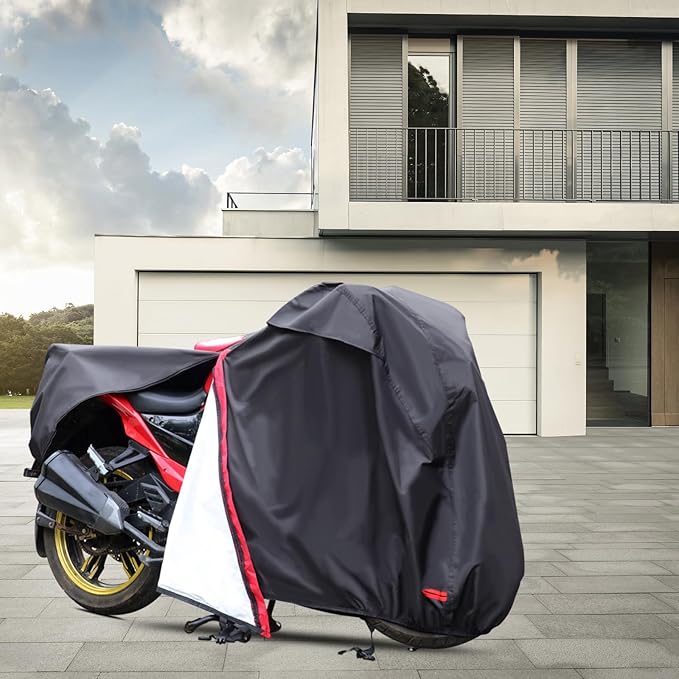 Motorcycle Cover,Waterproof Zipper Outdoor Cover for All Seasons Windproof, High Heat Resistance Dustproof and Rainproof Snowproof(Red Zipper L Fits Up to 91 inch)