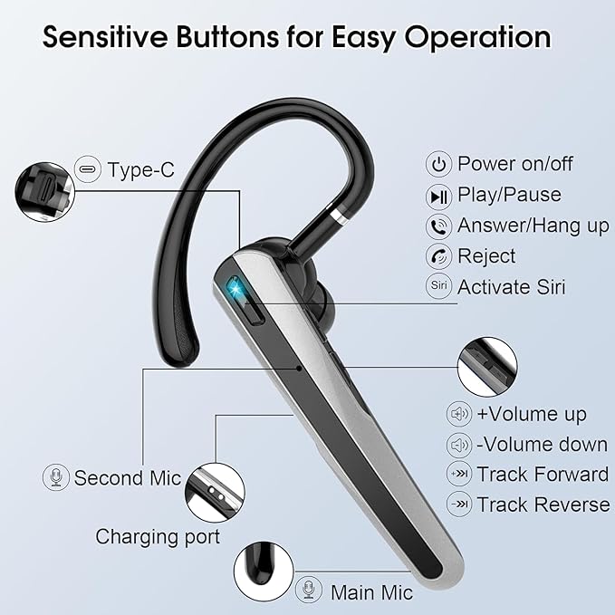 Bluetooth Headset V5.3, Wireless Earpiece with Dual ENC Noise Canceling Mic, 120H Hand-Free Talk Single-Ear Bluetooth Earpiece with LED Display, IP7 Waterproof Headphones for Office/Trucker/Business