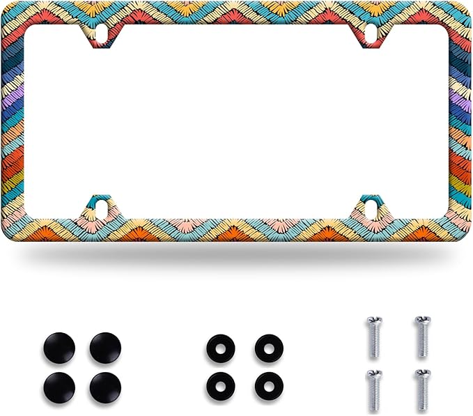 Boho License Plate Frame Colorful Stripe License Plate Stainless Steel Funny License Plate Holder Men Women Personalize Mandala Car Accessory Decoration 12.3" x 6.3"